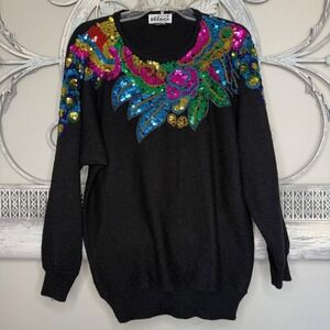 Vintage 90's Creazioni Effeci Black Sequin Embellished Knit Sweater Size Medium